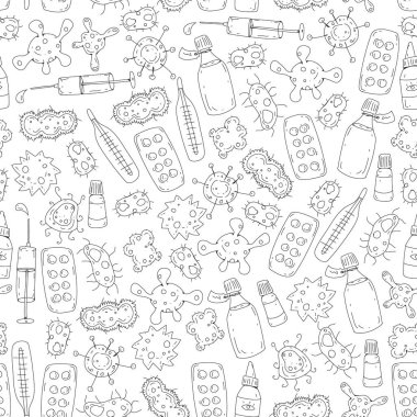 Öksürük, hap, grip, grip, hastalık. Doodle simgeler vektör desen. Sağlık ve Tıp.