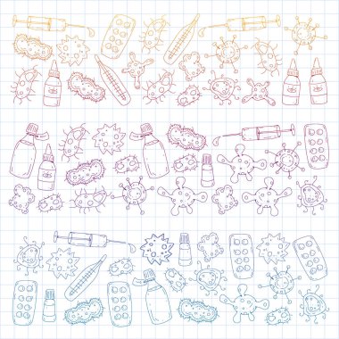 Öksürük, hap, grip, grip, hastalık. Doodle simgeler vektör desen. Sağlık ve Tıp.