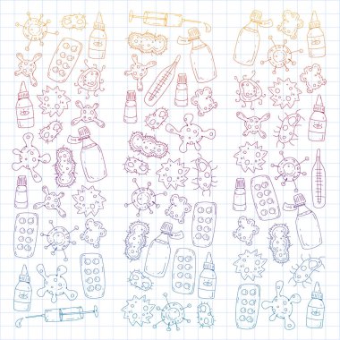 Öksürük, hap, grip, grip, hastalık. Doodle simgeler vektör desen. Sağlık ve Tıp.