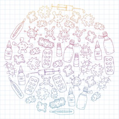 Öksürük, hap, grip, grip, hastalık. Doodle simgeler vektör desen. Sağlık ve Tıp.