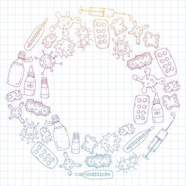 Öksürük, hap, grip, grip, hastalık. Doodle simgeler vektör desen. Sağlık ve Tıp.