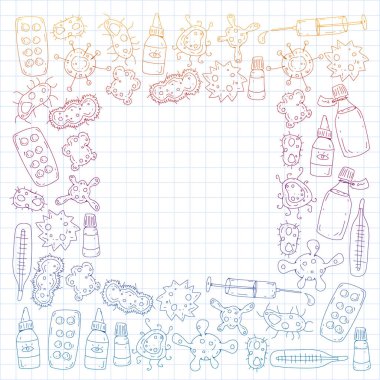 Öksürük, hap, grip, grip, hastalık. Doodle simgeler vektör desen. Sağlık ve Tıp.