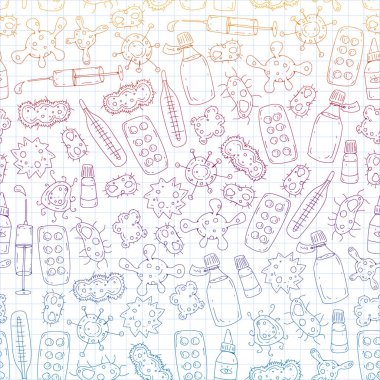 Öksürük, hap, grip, grip, hastalık. Doodle simgeler vektör desen. Sağlık ve Tıp.