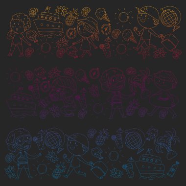 Mutlu çocuklar oynarken deniz kıyısı, plaj, deniz, okyanus. Çocuklar tatil ve seyahat. Yüzme, doodle simgeler küre, cruise gemisi, kokteyller