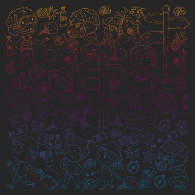 Mutlu çocuklar oynarken deniz kıyısı, plaj, deniz, okyanus. Çocuklar tatil ve seyahat. Yüzme, doodle simgeler küre, cruise gemisi, kokteyller