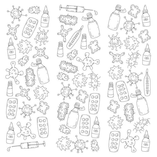 Toux, pilules, grippe, grippe, maladie. Modèle vectoriel avec icônes doodle. Soins de santé et médecine . — Image vectorielle
