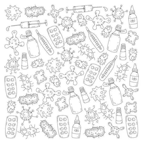 Tos, pastillas, gripe, gripe, enfermedad. Patrón vectorial con iconos de garabatos. Salud y medicina . — Archivo Imágenes Vectoriales