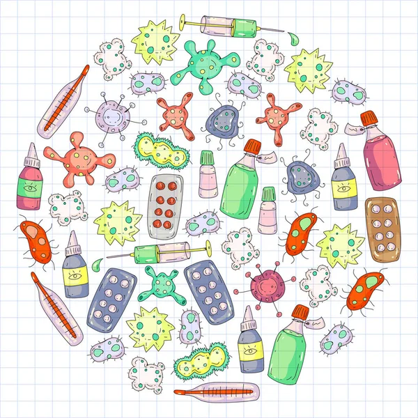 Tosse, comprimidos, gripe, gripe, doença. Padrão vetorial com ícones de doodle. Saúde e medicina . — Vetor de Stock