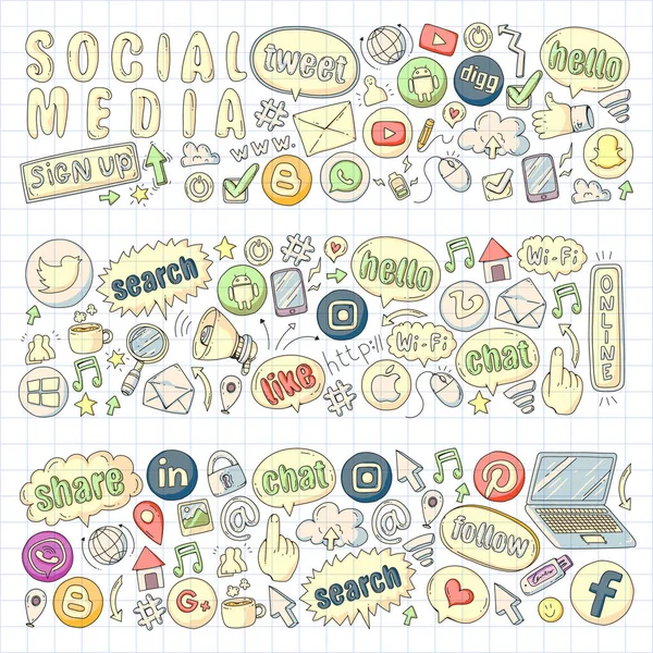 Sociala medier och lagarbete ikoner. Doodle bilder. Management, business, nyhetsgrafik. — Stock vektor