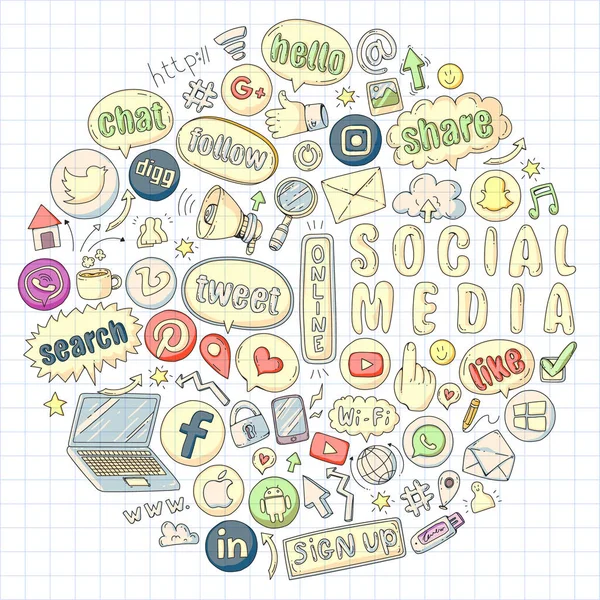 Mídia social e ícones de trabalho em equipe. Imagens de rabiscos. Gestão, negócios, infográfico . — Vetor de Stock