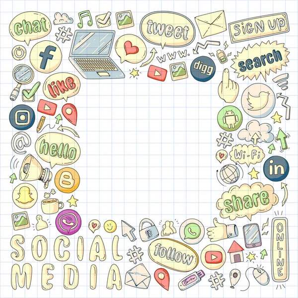 Icônes des médias sociaux et du travail d'équipe. Doodle images. Gestion, affaires, infographie . — Image vectorielle