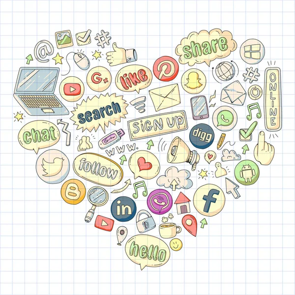 Social media en teamwork iconen. Doodle beelden. Management, business, infographic. — Stockvector