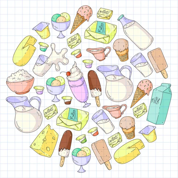 Mjölkprodukter. Doodle ikoner. Kost, frukost. Mjölk, yoghurt, ost, glass, smör. Äta färska hälsosam mat och vara glad. — Stock vektor