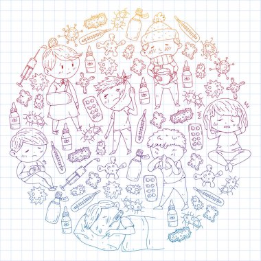 Çocuk Tıp Merkezi. Sağlık illüstrasyon. Küçük çocuklar, enfeksiyon, ateş, soğuk, virüs, hastalık ile doodle simgeler.