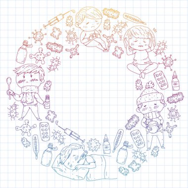 Çocuk Tıp Merkezi. Sağlık illüstrasyon. Küçük çocuklar, enfeksiyon, ateş, soğuk, virüs, hastalık ile doodle simgeler.