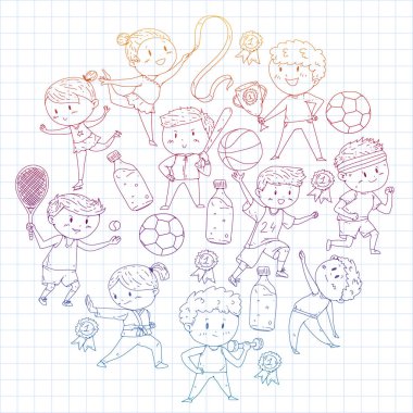 Çocuk yarışmaları spor. Genç atheles oynarken futbol, futbol, beyzbol, basketbol. Çalışan kız ve erkek. Rhythic jimnastik, artistik patinaj görüntüleri.