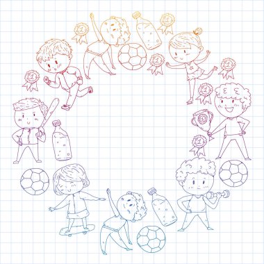 Çocuk yarışmaları spor. Genç atheles oynarken futbol, futbol, beyzbol, basketbol. Çalışan kız ve erkek. Rhythic jimnastik, artistik patinaj görüntüleri.