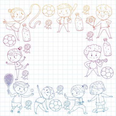 Çocuk yarışmaları spor. Genç atheles oynarken futbol, futbol, beyzbol, basketbol. Çalışan kız ve erkek. Rhythic jimnastik, artistik patinaj görüntüleri.