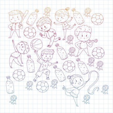 Çocuk yarışmaları spor. Genç atheles oynarken futbol, futbol, beyzbol, basketbol. Çalışan kız ve erkek. Rhythic jimnastik, artistik patinaj görüntüleri.