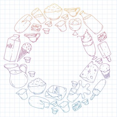 Süt ve süt ürünleri. Doodle simgeler. Diyet, kahvaltı. Süt, yoğurt, peynir, dondurma, tereyağı. Taze sağlıklı yemek yemek ve mutlu olmak.