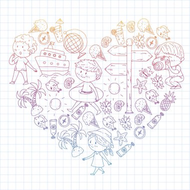 Mutlu çocuklar oynarken deniz kıyısı, plaj, deniz, okyanus. Çocuklar tatil ve seyahat. Yüzme, doodle simgeler küre, cruise gemisi, kokteyller