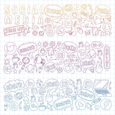 Sosyal medya ve ekip çalışması simgeler. Doodle görüntüler. Yönetimi, iş, Infographic.