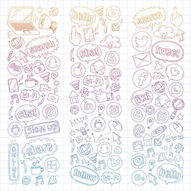 Sosyal medya ve ekip çalışması simgeler. Doodle görüntüler. Yönetimi, iş, Infographic.