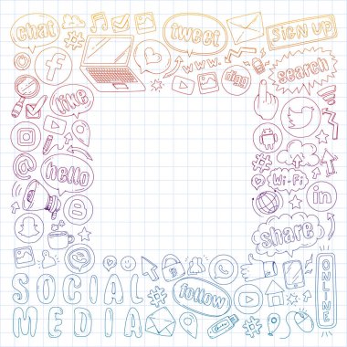 Sosyal medya ve ekip çalışması simgeler. Doodle görüntüler. Yönetimi, iş, Infographic.