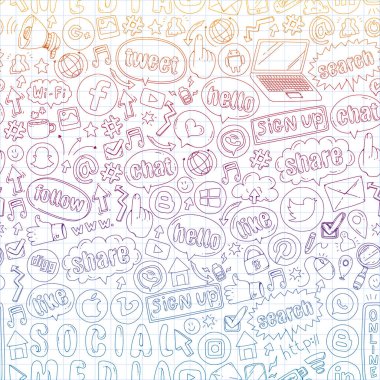 Sosyal medya ve ekip çalışması simgeler. Doodle görüntüler. Yönetimi, iş, Infographic.