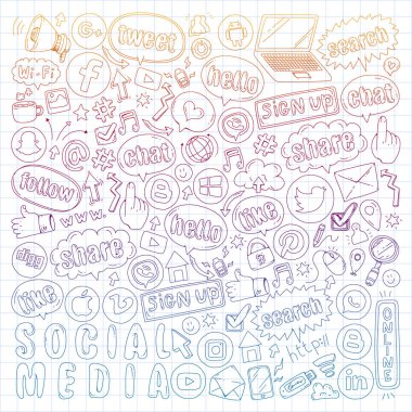 Sosyal medya ve ekip çalışması simgeler. Doodle görüntüler. Yönetimi, iş, Infographic.