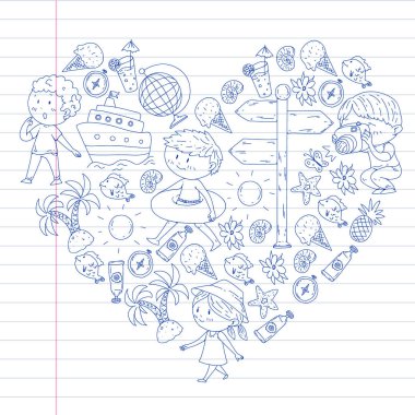 Mutlu çocuklar oynarken deniz kıyısı, plaj, deniz, okyanus. Çocuklar tatil ve seyahat. Yüzme, doodle simgeler küre, cruise gemisi, kokteyller.