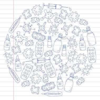 Öksürük, hap, grip, grip, hastalık. Vektör desen doodle simgeler sağlık ve tıp ile
