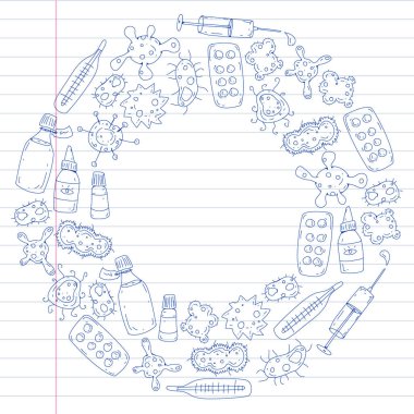 Öksürük, hap, grip, grip, hastalık. Doodle simgeler vektör desen. Sağlık ve Tıp.