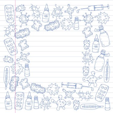 Öksürük, hap, grip, grip, hastalık. Doodle simgeler vektör desen. Sağlık ve Tıp.