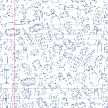 Öksürük, hap, grip, grip, hastalık. Doodle simgeler vektör desen. Sağlık ve Tıp.