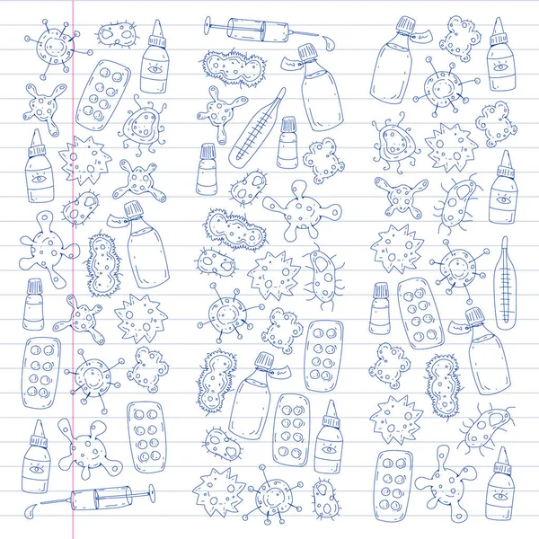 Öksürük, hap, grip, grip, hastalık. Doodle simgeler vektör desen. Sağlık ve Tıp.