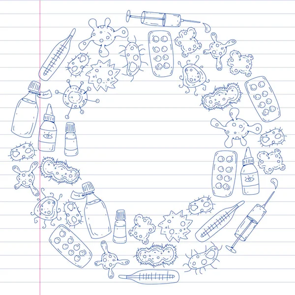 Hosta, influensa, influensa, piller, sjukdom. Vektor mönster med doodle ikoner. Vård och medicin. — Stock vektor