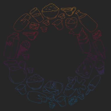 Süt ve süt ürünleri. Doodle simgeler. Diyet, kahvaltı. Süt, yoğurt, peynir, dondurma, tereyağı. Taze sağlıklı yemek yemek ve mutlu olmak.