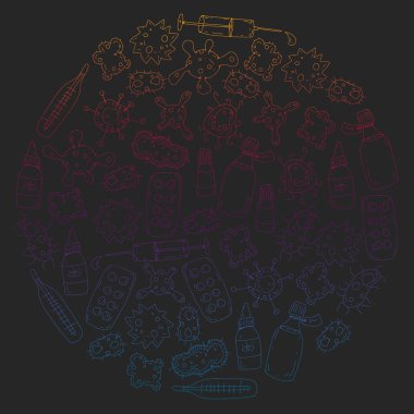 Öksürük, hap, grip, grip, hastalık. Doodle simgeler vektör desen. Sağlık ve Tıp.