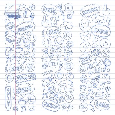 Sosyal medya ve ekip çalışması simgeler. Doodle görüntüler. Yönetimi, iş, Infographic.