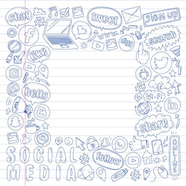 Sosyal medya ve ekip çalışması simgeler. Doodle görüntüler. Yönetimi, iş, Infographic.