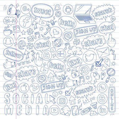 Sosyal medya ve ekip çalışması simgeler. Doodle görüntüler. Yönetimi, iş, Infographic.