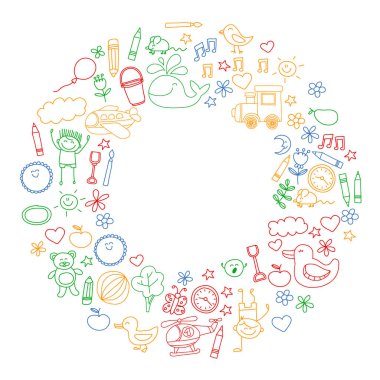 Vektör Anaokulu çocuk kümesiyle doodle. Küçük çocuk oynamak, öğrenmek, birlikte eğleniyor