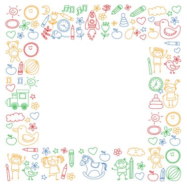 Vektör Anaokulu çocuk kümesiyle doodle. Küçük çocuk oynamak, öğrenmek, birlikte eğleniyor