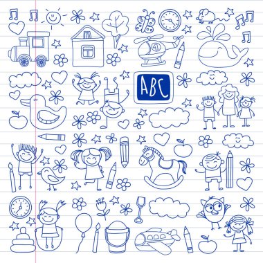 Vektör Anaokulu çocuk kümesiyle doodle. Küçük çocuk oynamak, öğrenmek, birlikte eğleniyor