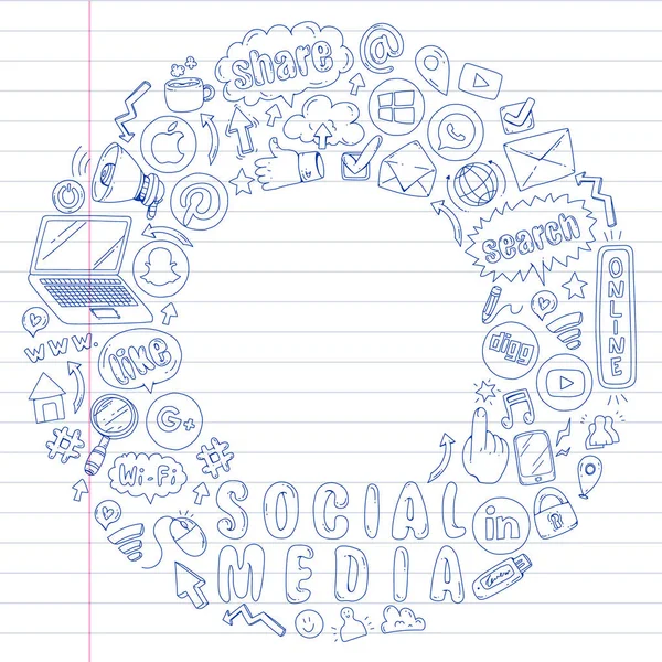 Icônes des médias sociaux et du travail d'équipe. Doodle images. Gestion, affaires, infographie . — Image vectorielle