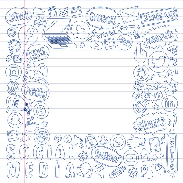 Sosyal medya ve ekip çalışması simgeler. Doodle görüntüler. Yönetimi, iş, Infographic.