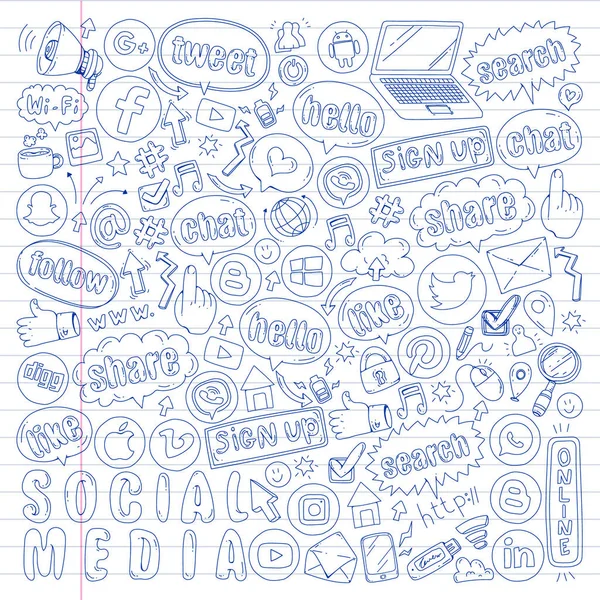 Sociala medier och lagarbete ikoner. Doodle bilder. Management, business, nyhetsgrafik. — Stock vektor