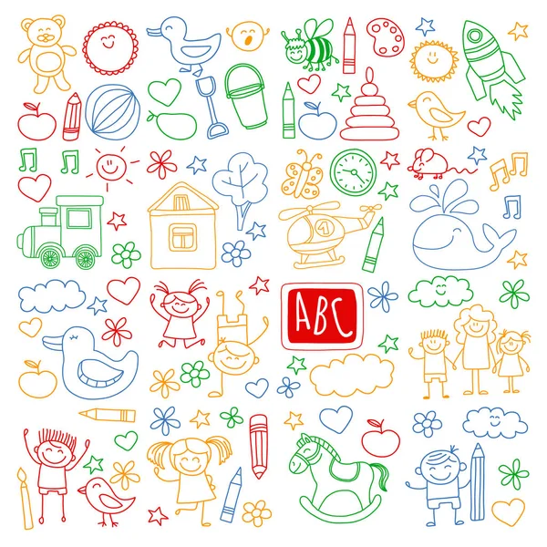 Vector doodle set met kinderen van de kleuter. Kleine kinderen spelen, leren, samen plezier — Stockvector