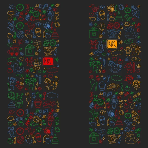 向量涂鸦设置与幼稚园孩子。小孩子一起玩耍、学习、开心 — 图库矢量图片